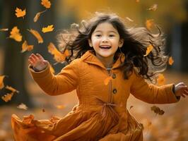 Asian kid in emotional dynamic pose on autumn background AI Generative photo