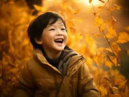 Asian kid in emotional dynamic pose on autumn background AI Generative photo