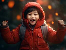 asiático niño en emocional dinámica actitud en otoño antecedentes ai generativo foto