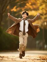 Asian kid in emotional dynamic pose on autumn background AI Generative photo