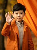 Asian kid in emotional dynamic pose on autumn background AI Generative photo