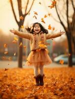 Asian kid in emotional dynamic pose on autumn background AI Generative photo