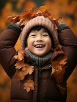 asiático niño en emocional dinámica actitud en otoño antecedentes ai generativo foto