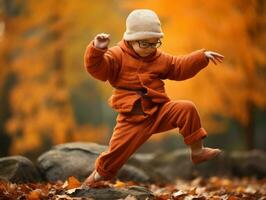 Asian kid in emotional dynamic pose on autumn background AI Generative photo