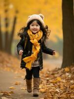 Asian kid in emotional dynamic pose on autumn background AI Generative photo