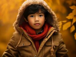 Asian kid in emotional dynamic pose on autumn background AI Generative photo