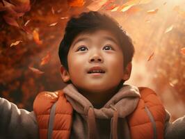 Asian kid in emotional dynamic pose on autumn background AI Generative photo