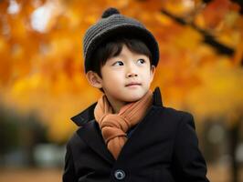 Asian kid in emotional dynamic pose on autumn background AI Generative photo