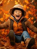 asiático niño en emocional dinámica actitud en otoño antecedentes ai generativo foto