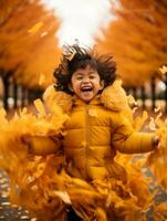 Asian kid in emotional dynamic pose on autumn background AI Generative photo