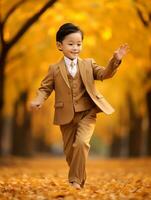 Asian kid in emotional dynamic pose on autumn background AI Generative photo