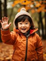 asiático niño en emocional dinámica actitud en otoño antecedentes ai generativo foto