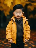 Asian kid in emotional dynamic pose on autumn background AI Generative photo