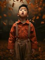 Asian kid in emotional dynamic pose on autumn background AI Generative photo