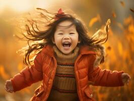 Asian kid in emotional dynamic pose on autumn background AI Generative photo