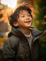 asiático niño en emocional dinámica actitud en otoño antecedentes ai generativo foto