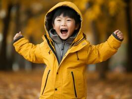 Asian kid in emotional dynamic pose on autumn background AI Generative photo