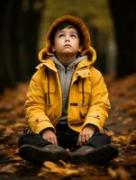 asiático niño en emocional dinámica actitud en otoño antecedentes ai generativo foto