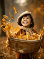 Asian kid in emotional dynamic pose on autumn background AI Generative photo