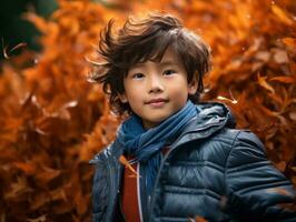 Asian kid in emotional dynamic pose on autumn background AI Generative photo