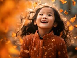 Asian kid in emotional dynamic pose on autumn background AI Generative photo