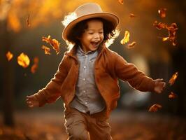 Asian kid in emotional dynamic pose on autumn background AI Generative photo