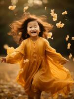 Asian kid in emotional dynamic pose on autumn background AI Generative photo