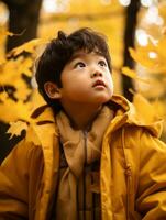 Asian kid in emotional dynamic pose on autumn background AI Generative photo