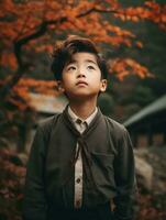 asiático niño en emocional dinámica actitud en otoño antecedentes ai generativo foto