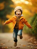 Asian kid in emotional dynamic pose on autumn background AI Generative photo