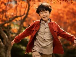 Asian kid in emotional dynamic pose on autumn background AI Generative photo