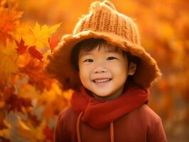 Asian kid in emotional dynamic pose on autumn background AI Generative photo