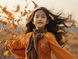 Asian kid in emotional dynamic pose on autumn background AI Generative photo