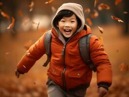 Asian kid in emotional dynamic pose on autumn background AI Generative photo