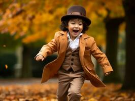 Asian kid in emotional dynamic pose on autumn background AI Generative photo