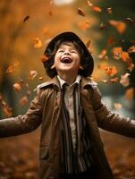 Asian kid in emotional dynamic pose on autumn background AI Generative photo