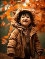 asiático niño en emocional dinámica actitud en otoño antecedentes ai generativo foto