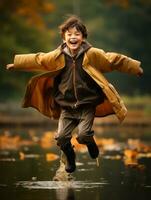 Asian kid in emotional dynamic pose on autumn background AI Generative photo