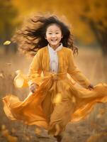 Asian kid in emotional dynamic pose on autumn background AI Generative photo