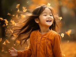 Asian kid in emotional dynamic pose on autumn background AI Generative photo