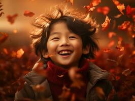 asiático niño en emocional dinámica actitud en otoño antecedentes ai generativo foto