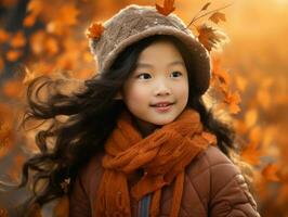 Asian kid in emotional dynamic pose on autumn background AI Generative photo