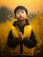 Asian kid in emotional dynamic pose on autumn background AI Generative photo