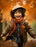 Asian kid in emotional dynamic pose on autumn background AI Generative photo