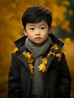 Asian kid in emotional dynamic pose on autumn background AI Generative photo