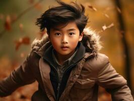 Asian kid in emotional dynamic pose on autumn background AI Generative photo