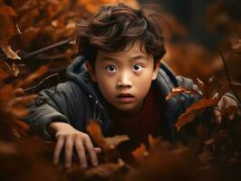 asiático niño en emocional dinámica actitud en otoño antecedentes ai generativo foto