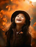 Asian kid in emotional dynamic pose on autumn background AI Generative photo