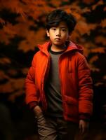 Asian kid in emotional dynamic pose on autumn background AI Generative photo