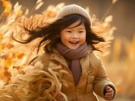 Asian kid in emotional dynamic pose on autumn background AI Generative photo